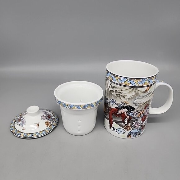 6" Asian Oriental 3 Piece Tea Infuser Mug w/Lid Ceramic Coffee Cup - Picture 2 of 5
